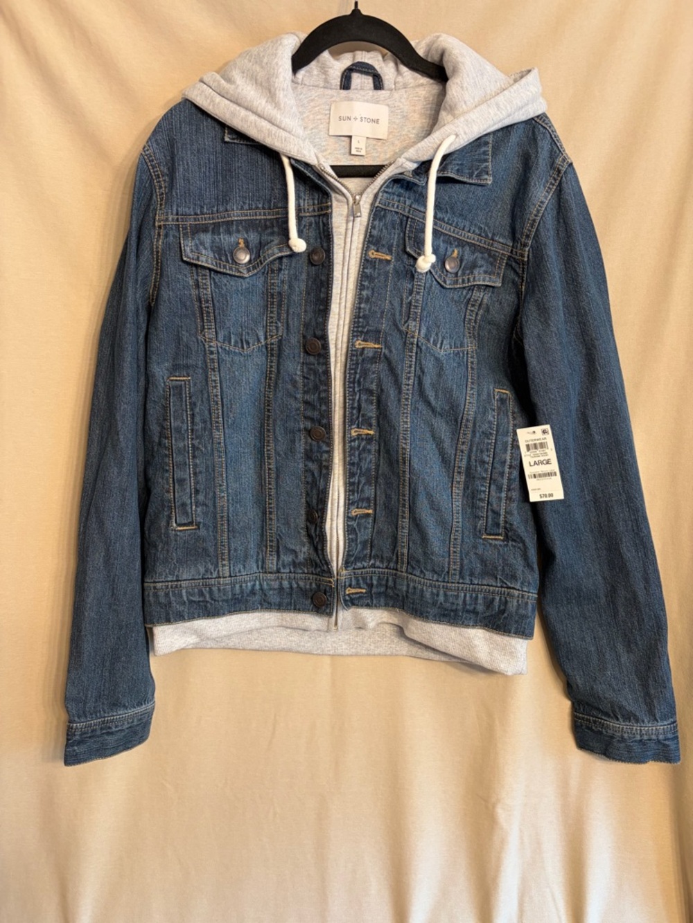 NWT Sun + Stone Blue Denim Jacket with Light Gray Hoodie Insert